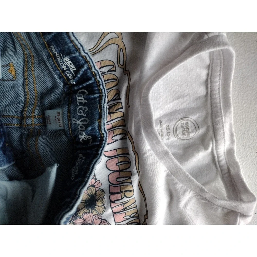 Wonder Nation Cat & Jack Kids Cosmic Sun Moon Tee & Distressed Denim Shorts Set‎